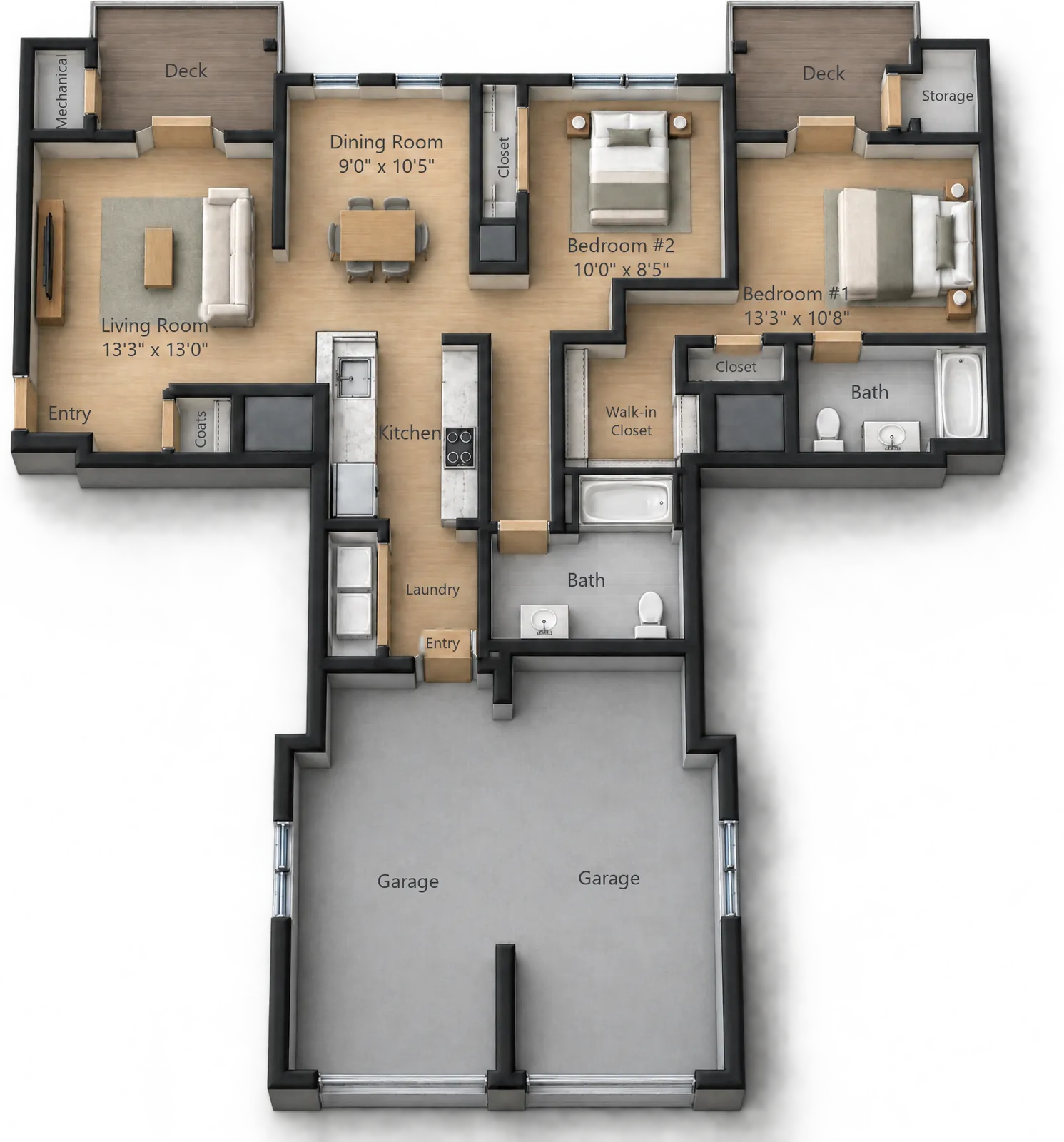 Two-Bedroom + Garage floor plan — 1211 sq ft at White Oaks at Wilton