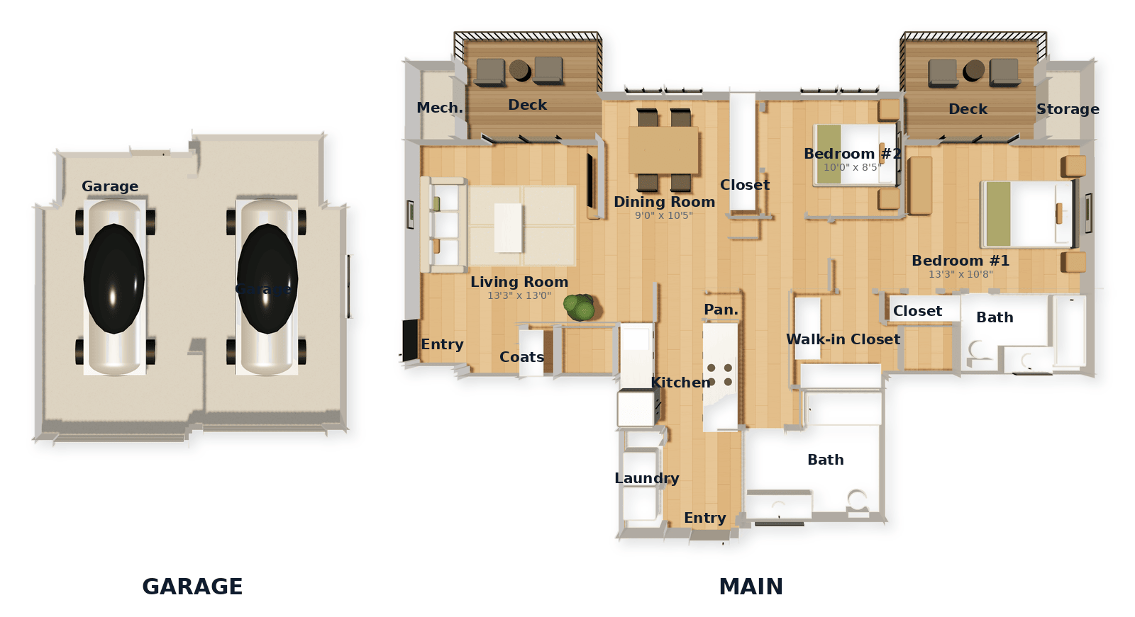 Two-Bedroom + Garage floor plan — 1211 sq ft at White Oaks at Wilton