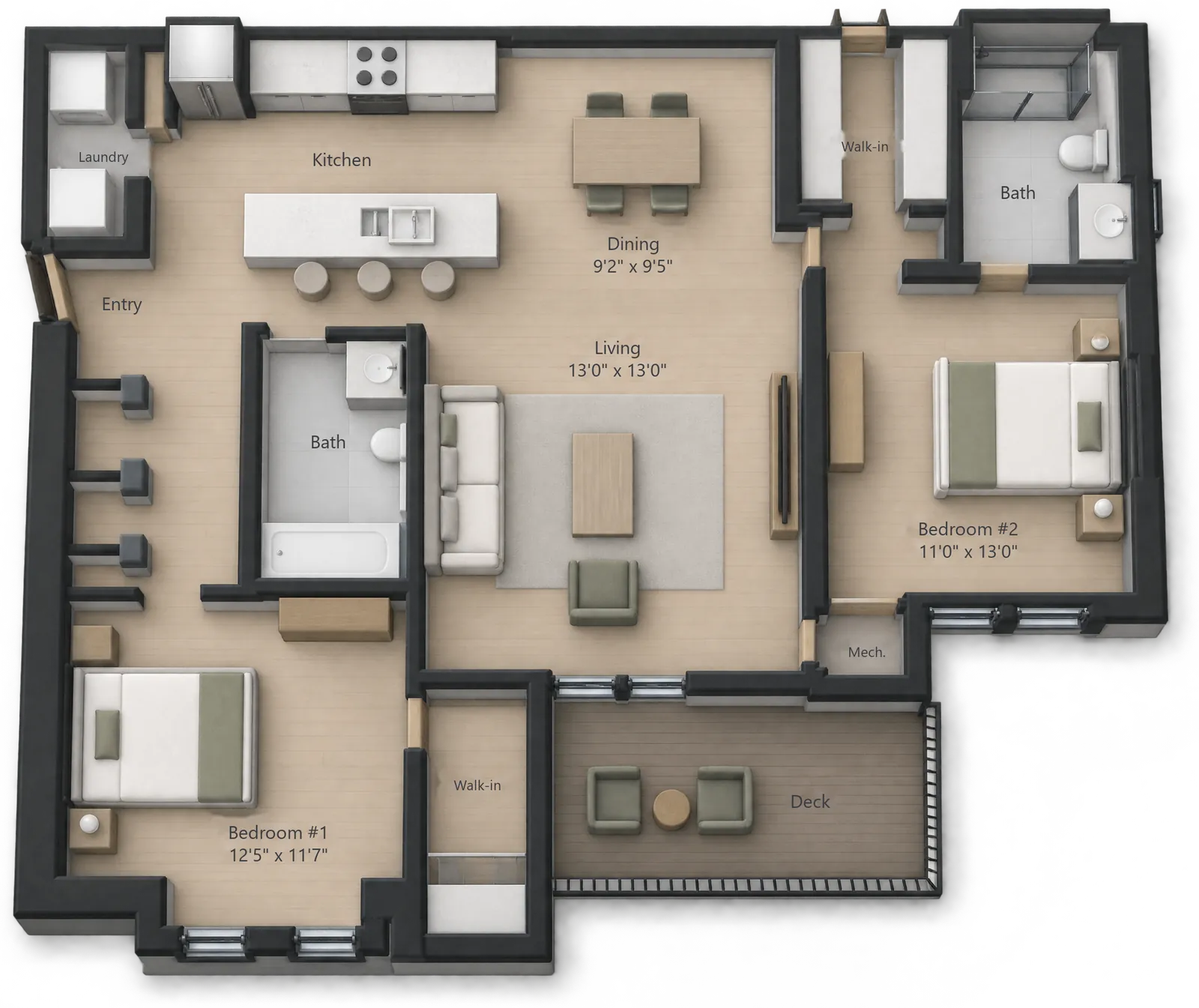 Two-Bedroom floor plan — 1119 sq ft at White Oaks at Wilton