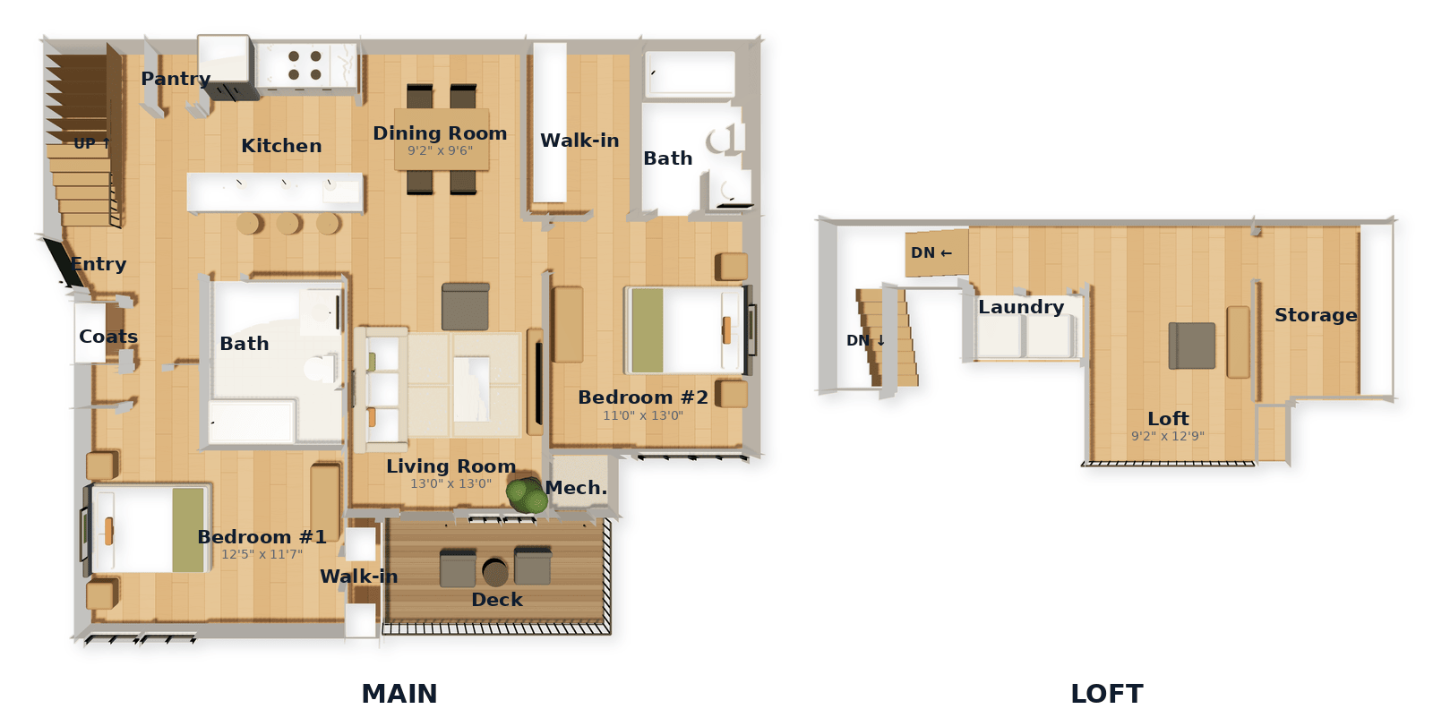 Two-Bedroom Loft floor plan — 1430 sq ft at White Oaks at Wilton