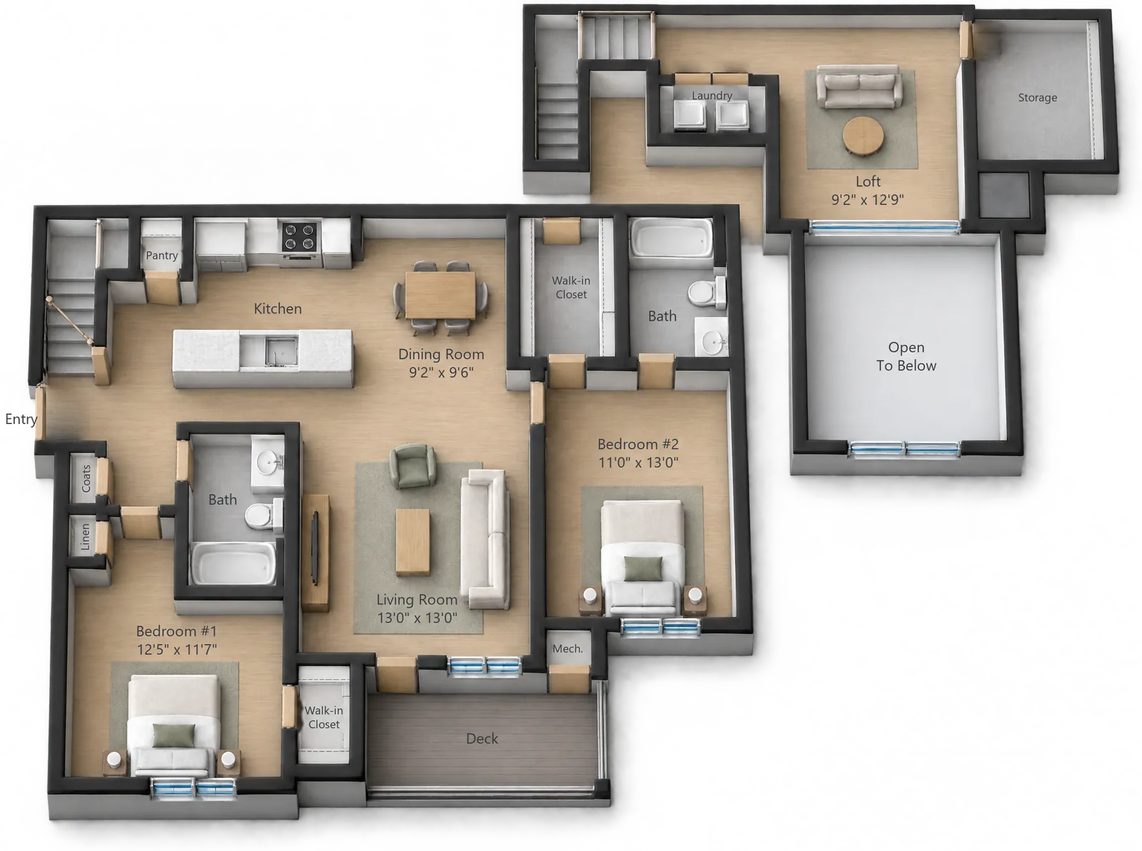 Two-Bedroom Loft floor plan — 1430 sq ft at White Oaks at Wilton