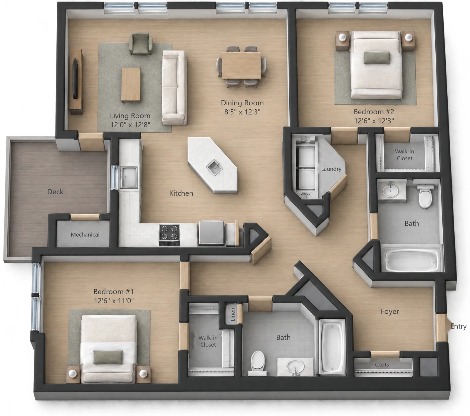 Two-Bedroom Corner floor plan — 1189 sq ft at White Oaks at Wilton