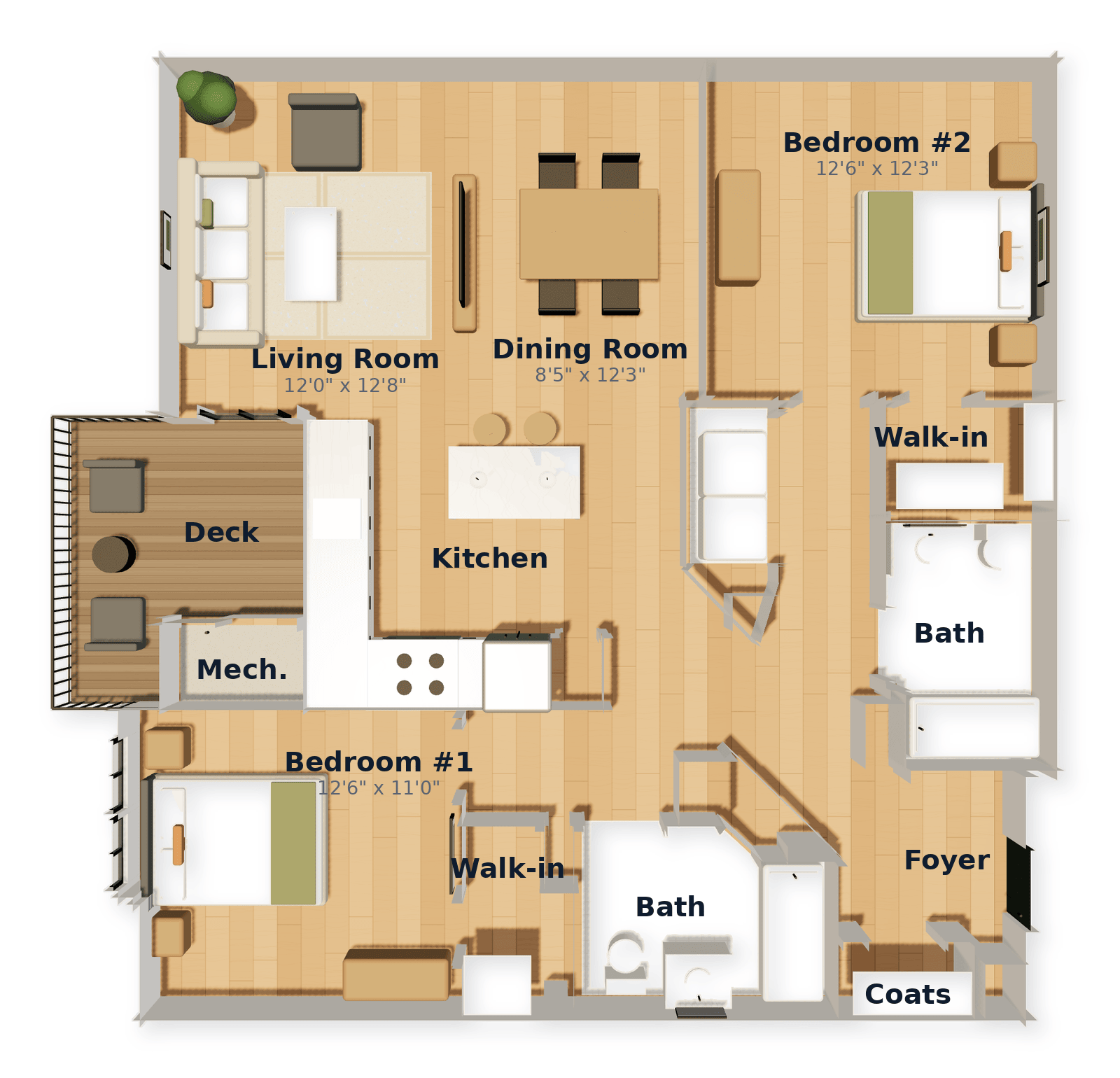 Two-Bedroom Corner floor plan — 1189 sq ft at White Oaks at Wilton