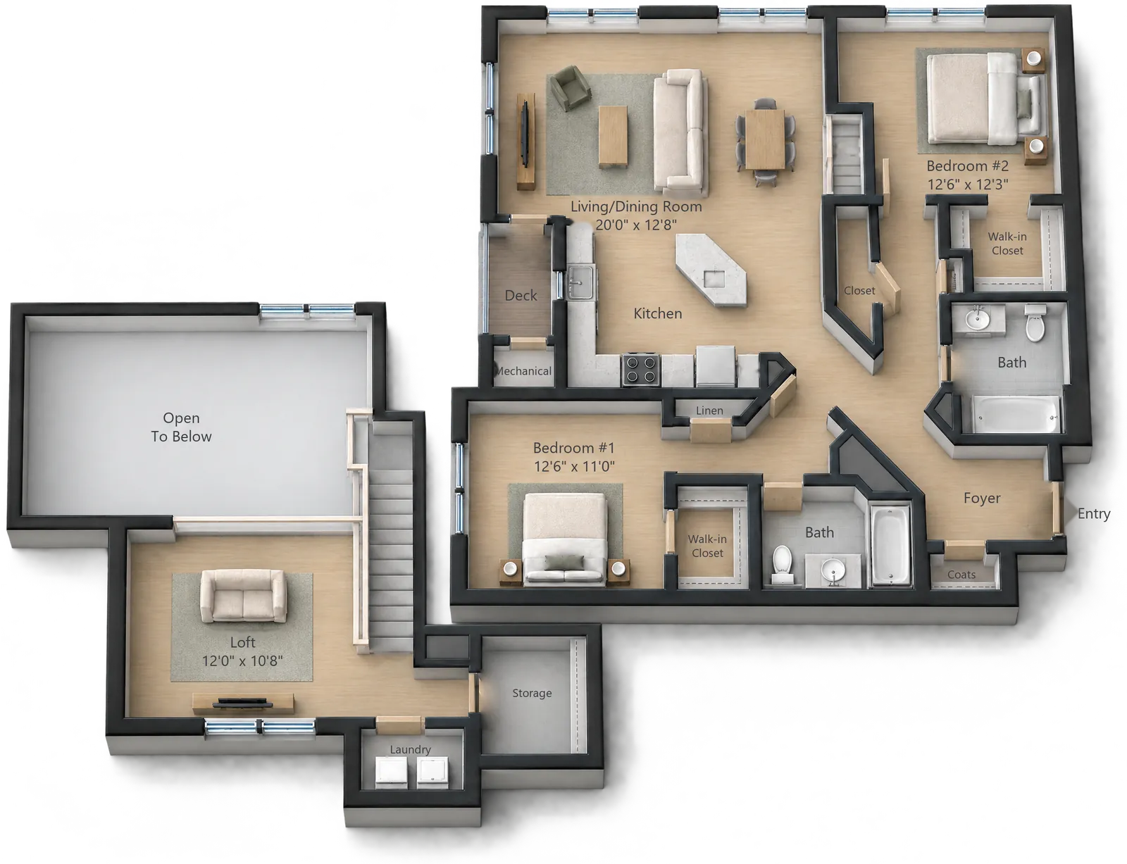 Two-Bedroom Loft — largest floor plan — 1495 sq ft at White Oaks at Wilton