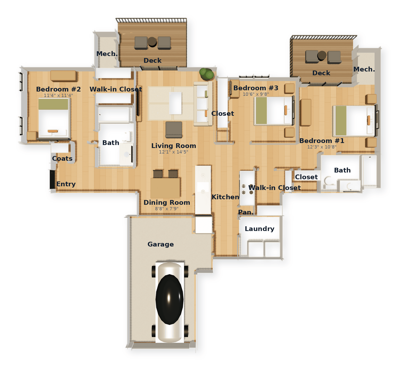 Three-Bedroom + Garage floor plan — 1275 sq ft at White Oaks at Wilton