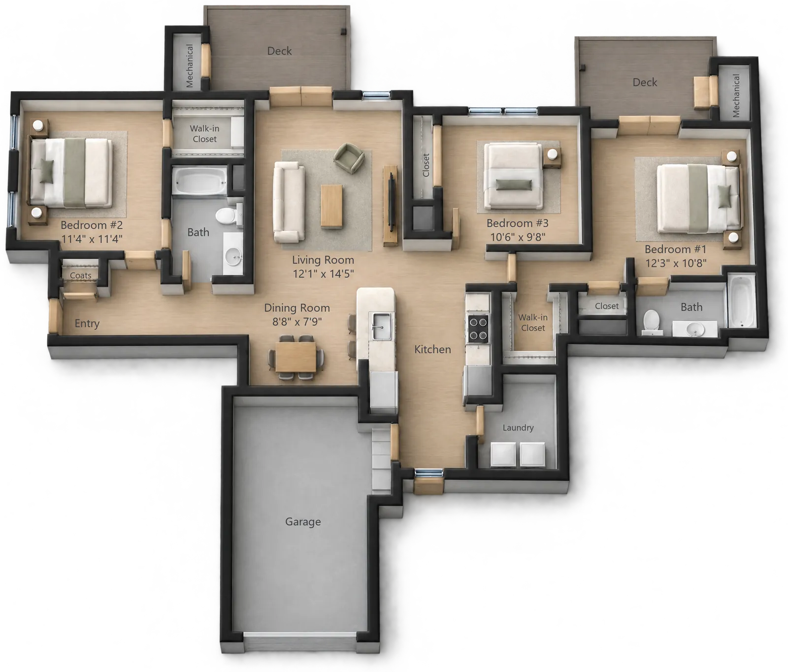 Three-Bedroom + Garage floor plan — 1275 sq ft at White Oaks at Wilton