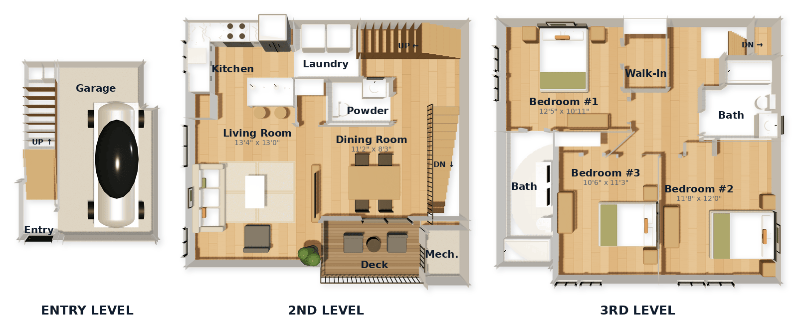 Three-Bedroom Townhome floor plan — 1543 sq ft at White Oaks at Wilton