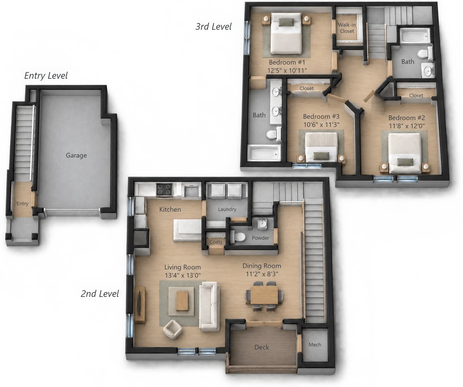 Three-Bedroom Townhome floor plan — 1543 sq ft at White Oaks at Wilton